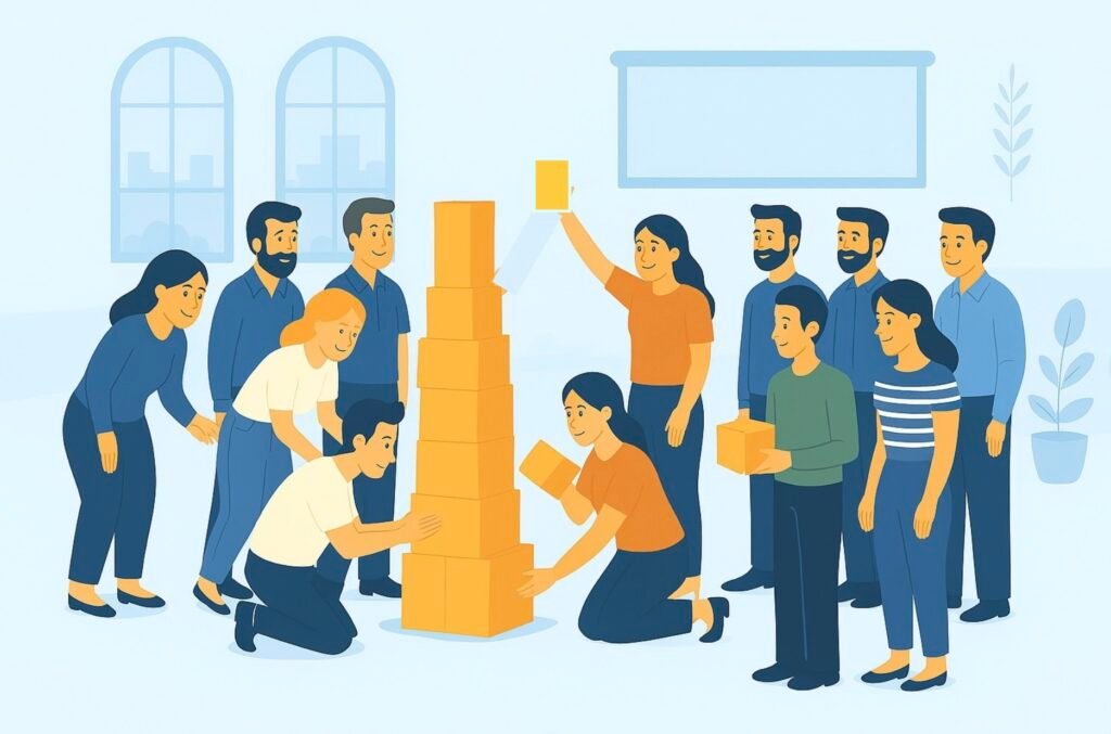 Les membres d'une même entreprise s'entraident pour construire une tour avec des cubes