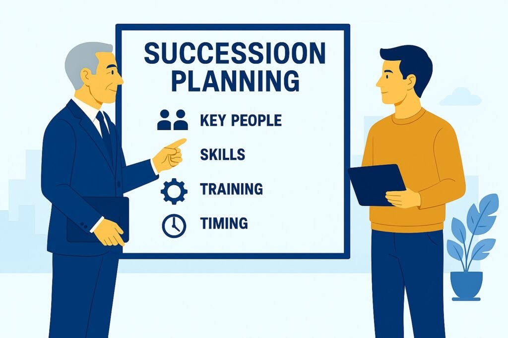 Un consultant RH présente un plan de succession à un dirigeant d'entreprise