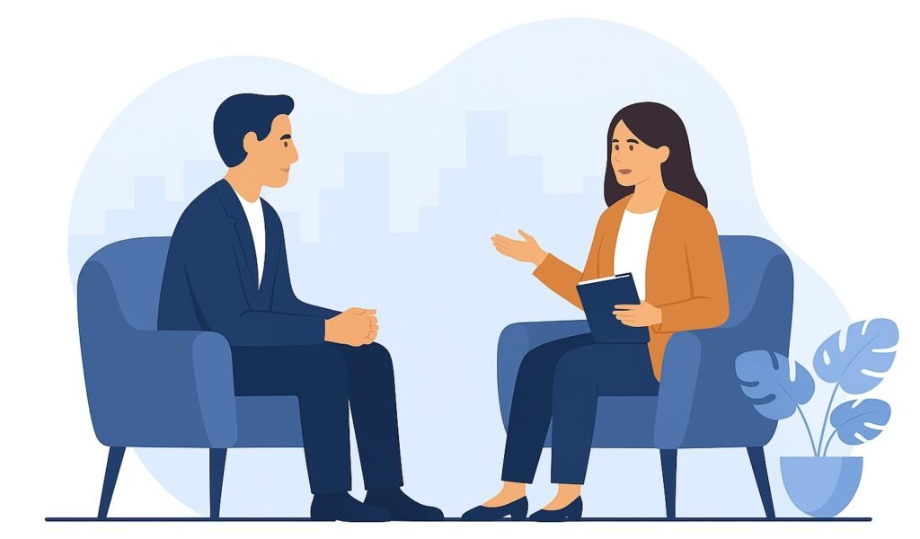 une consultante rh se tient face à un dirigeant un carnet à la main