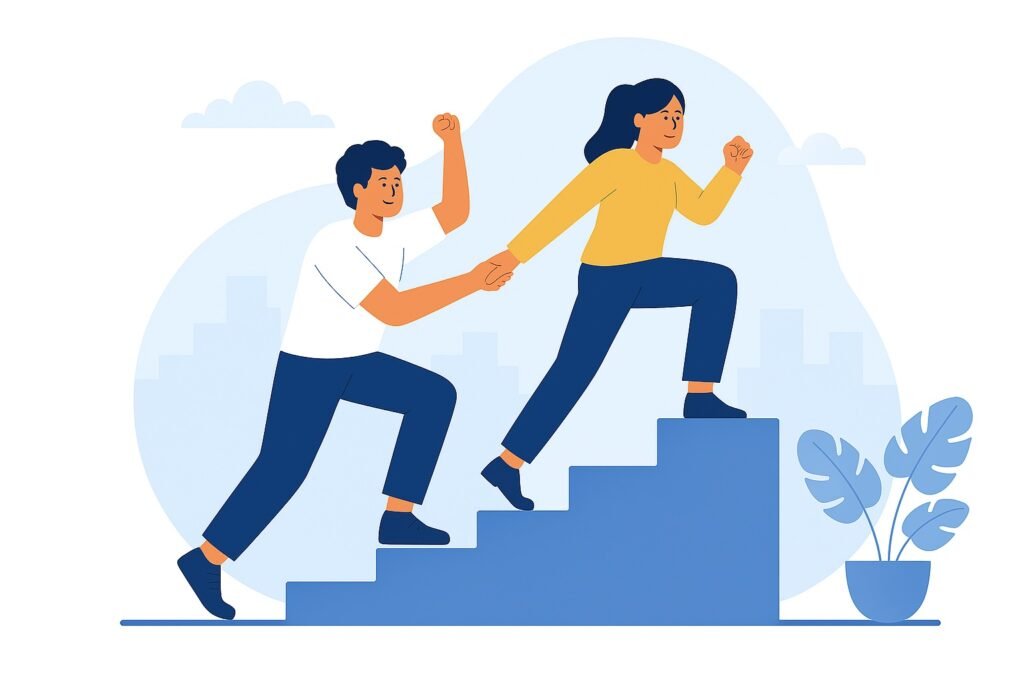 Un coach professionnel aide un professionnel à grimper les marches d'un escalier