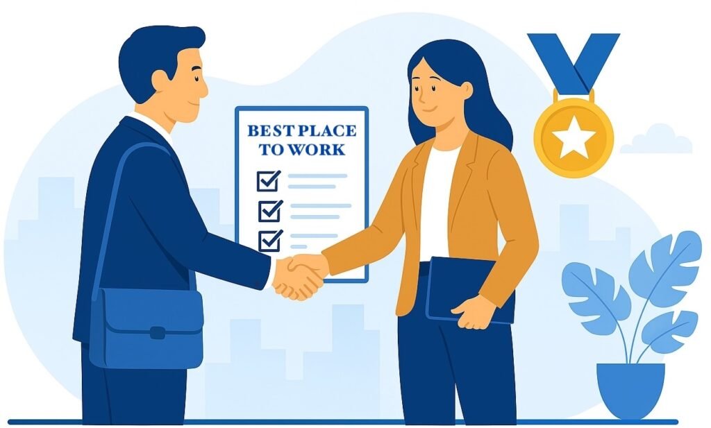 Deux professionnels se serrent la main suite a une embauche dans une entreprise Best place at Work