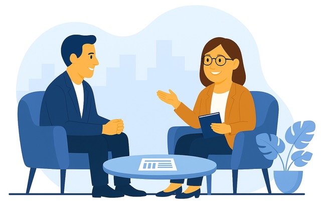 une coach professionnelle se tient assise face à un dirigeant