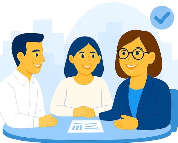 Une consultante RH condit une réunion tripartite avec les cadres d'une entreprise