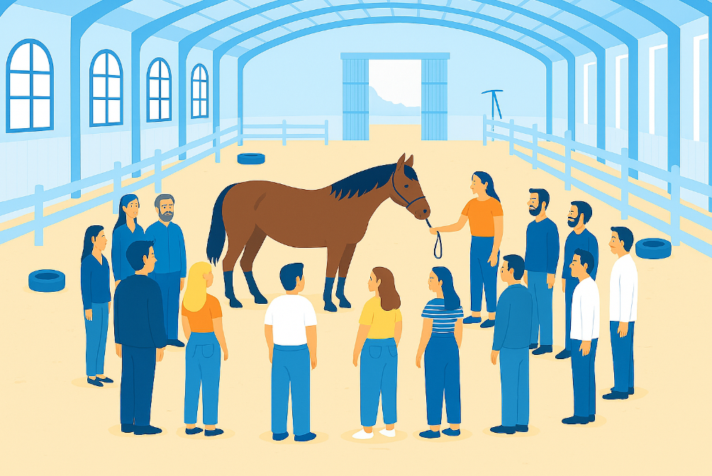 Plusieurs personnes sont en cercle autour d'un cheval pour une séance d'équicoaching à Reims